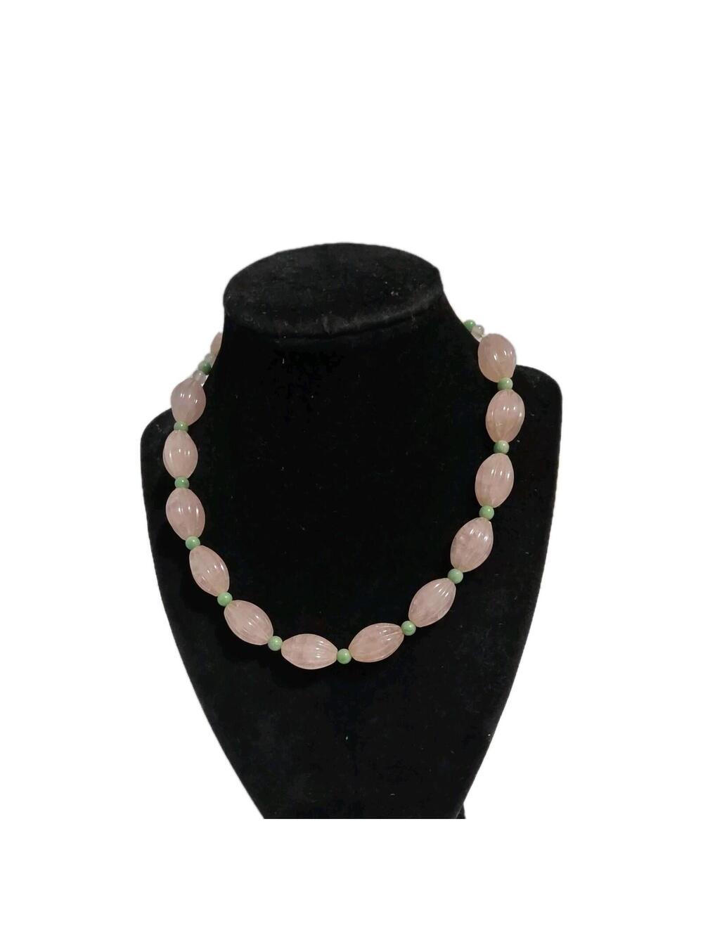 Vintage Rose Quartz and Jade Beaded Necklace Oriental Import Choker